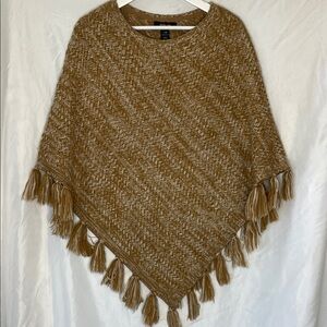 Brown Knit Poncho with Fringe